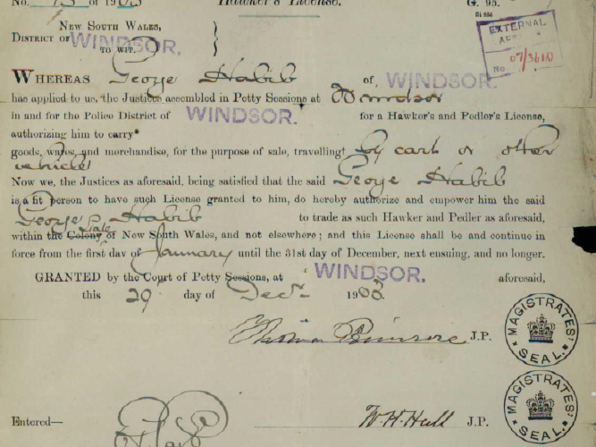 Hawker's License issued to George Habib in Windsor, NSW, on 29 December 1903