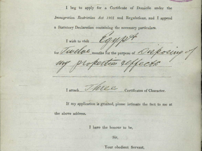 Petition by Habib Bolos of Redfern, Sydney, NSW, for a Certificate of Domicile, 20 June 1905