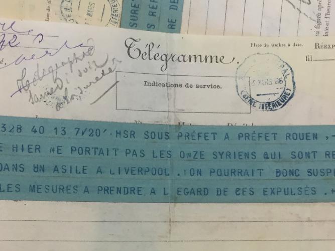 French telegram confirming that the 11 migrants had remained in Liverpool