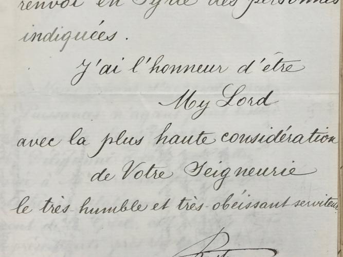 Signature of Rustem Pasha on a letter to Lord Rosebery, 28 April 1886