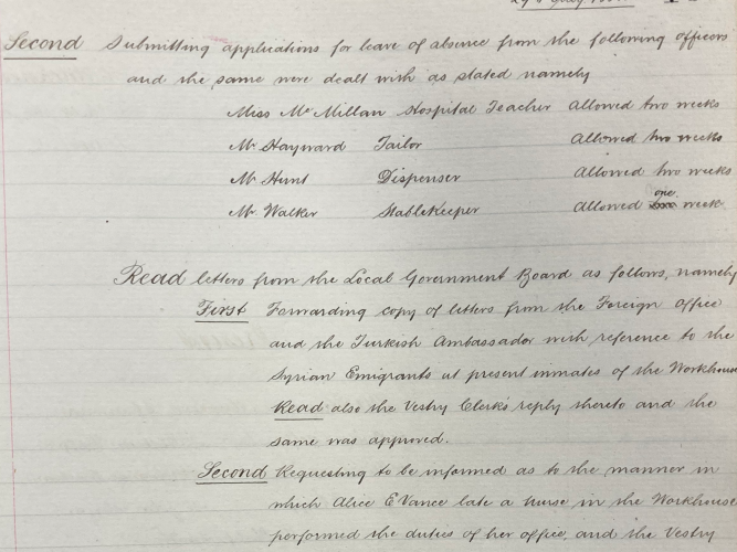 Extract from the&nbsp;Workhouse Committee Minute Book, 29 July 1886
